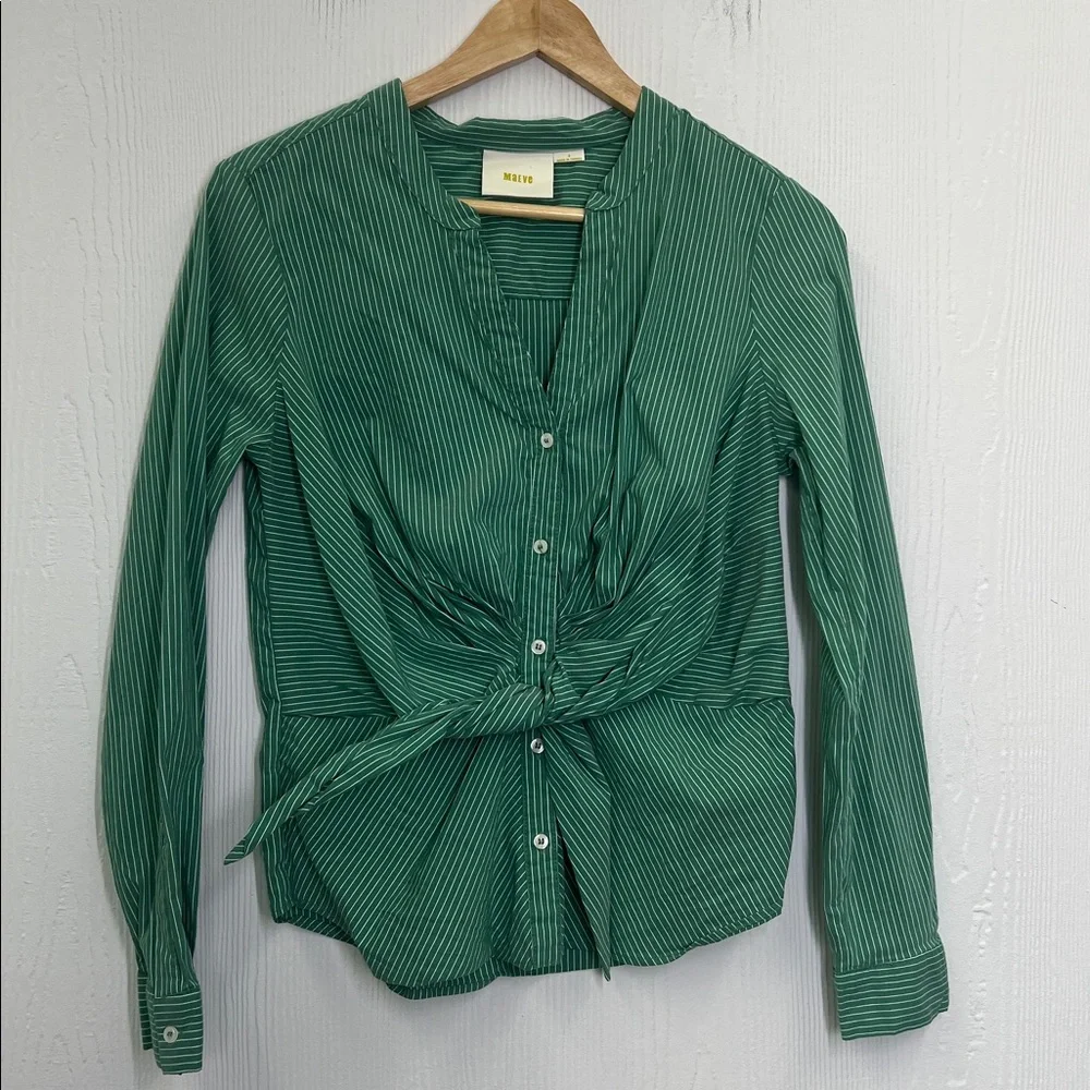 Anthropologie - Maeve Katherine Green And White Button Down Knotted Blouse SZ 8 - Picture 7 of 11